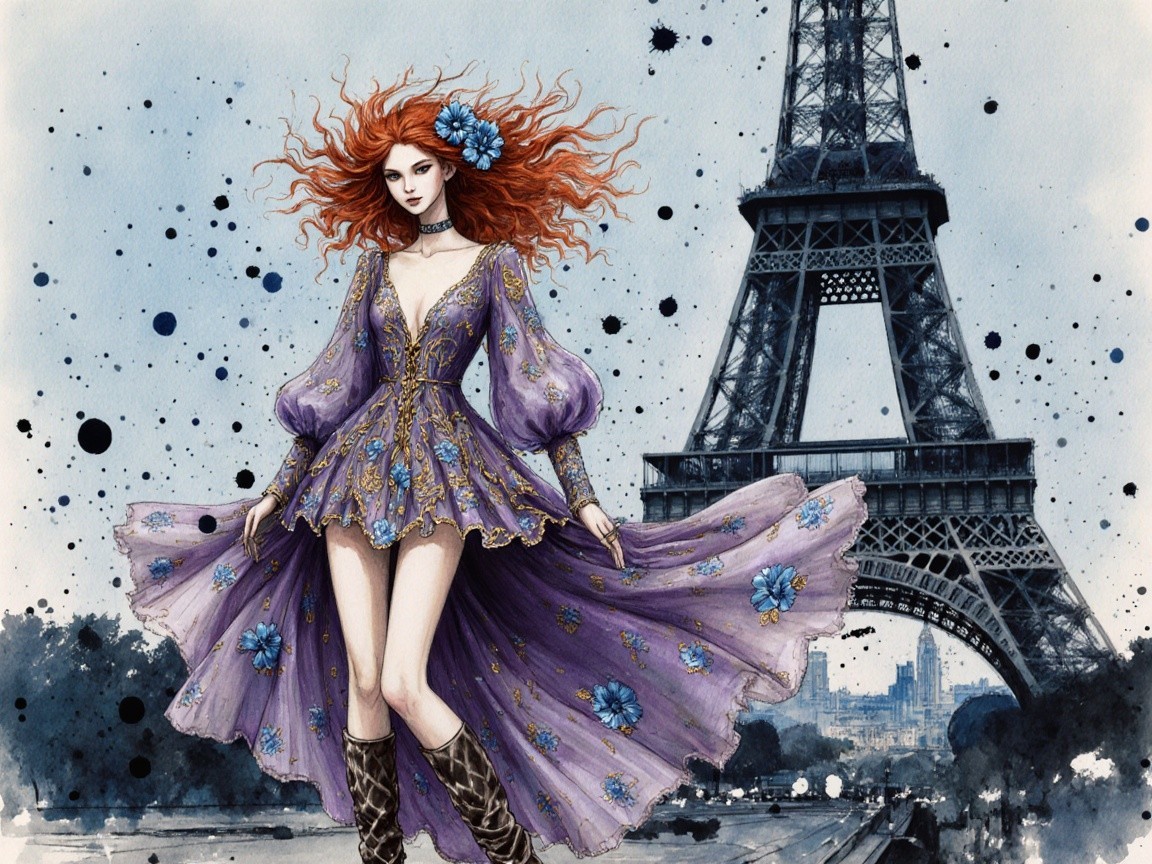 Stylish Woman in Purple Dress at Eiffel Tower