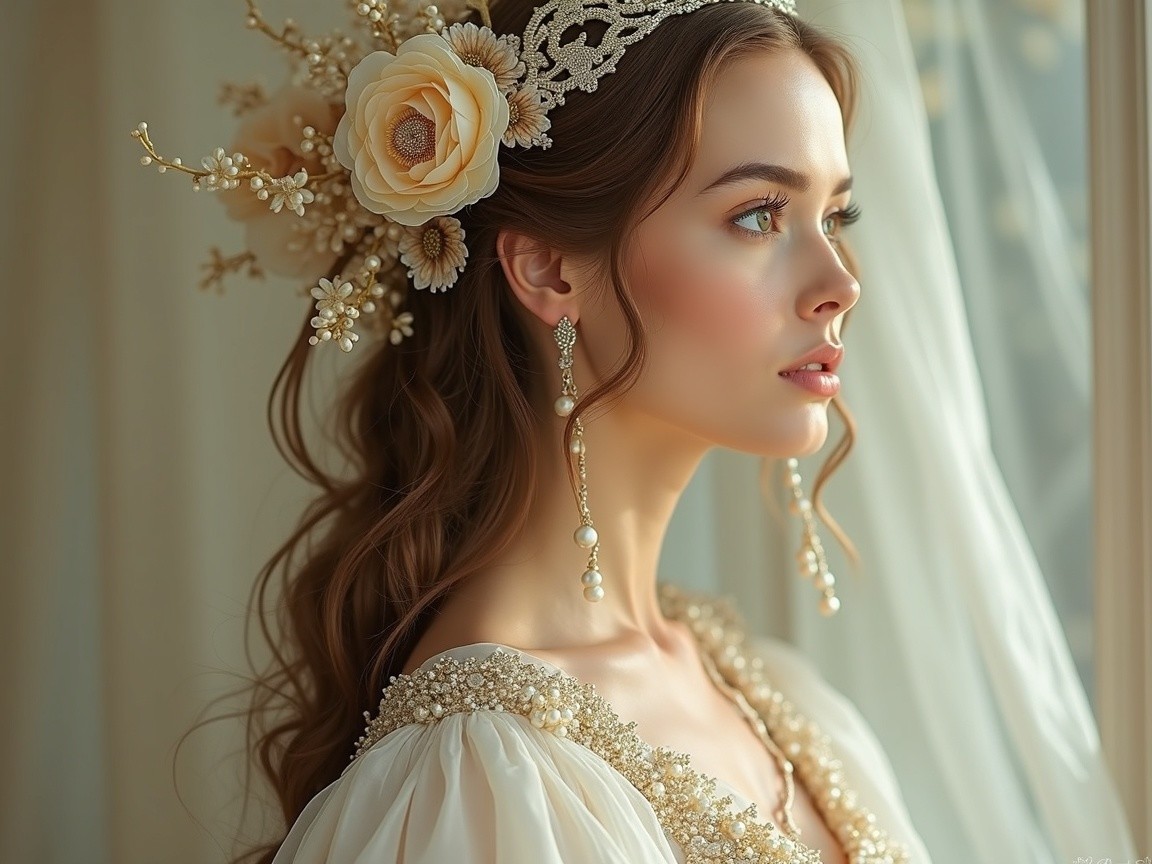 Young woman in elegant gown with floral hairstyle
