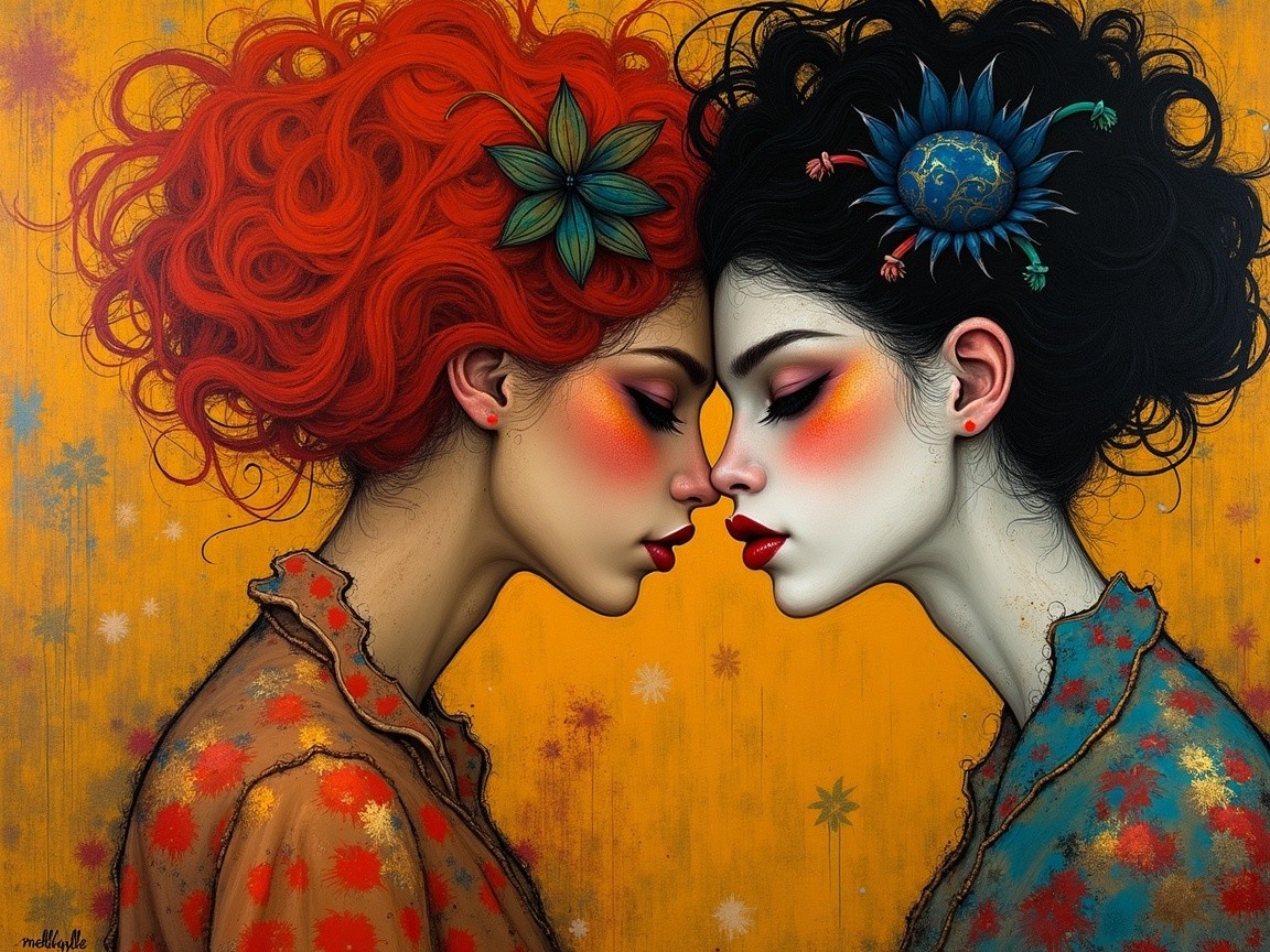 Contrasting Hairstyles of Two Women with Floral Background