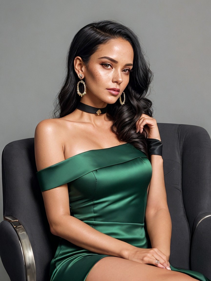 Elegant Woman in Green Off-Shoulder Satin Dress