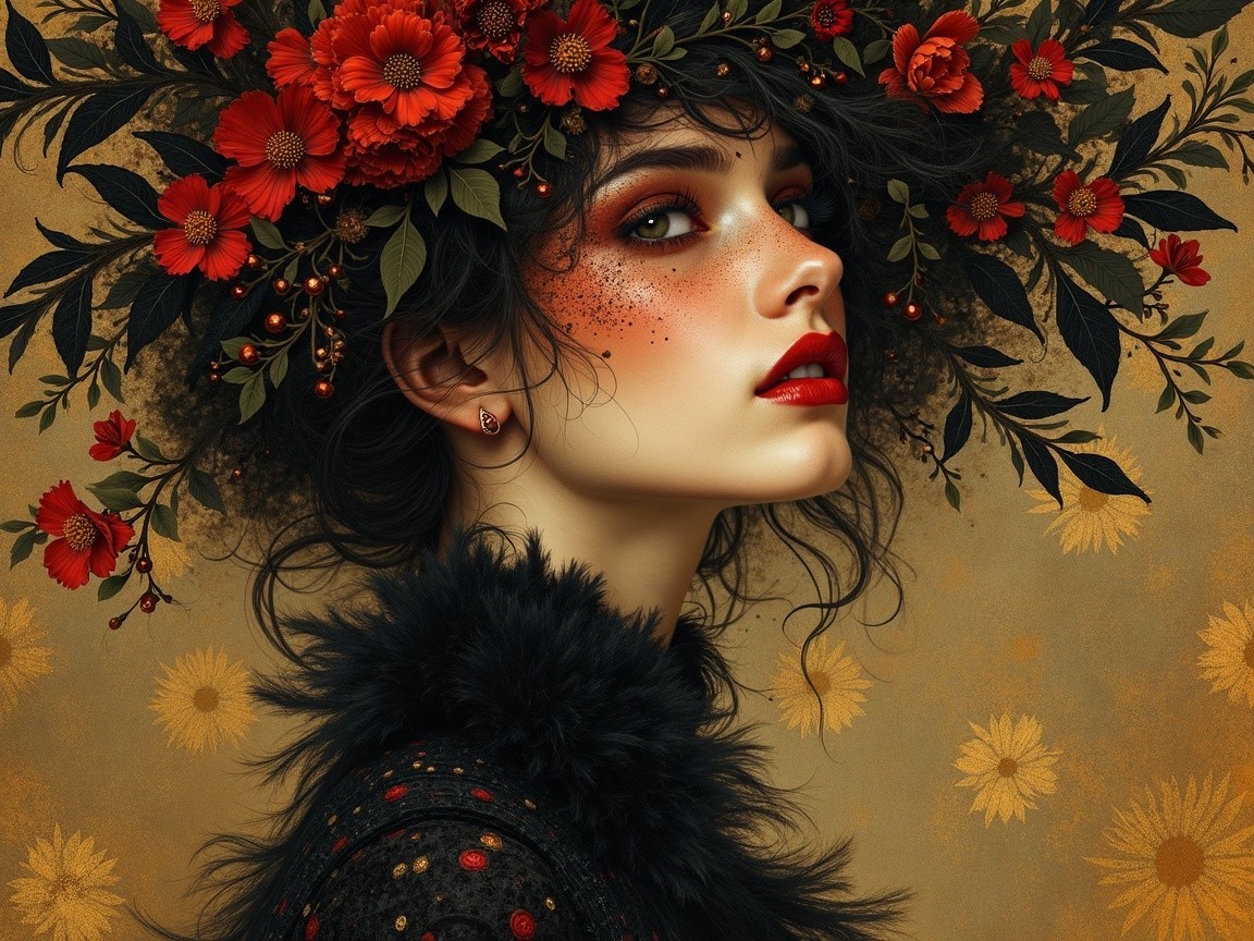 Portrait of a Woman with Floral Headdress and Makeup