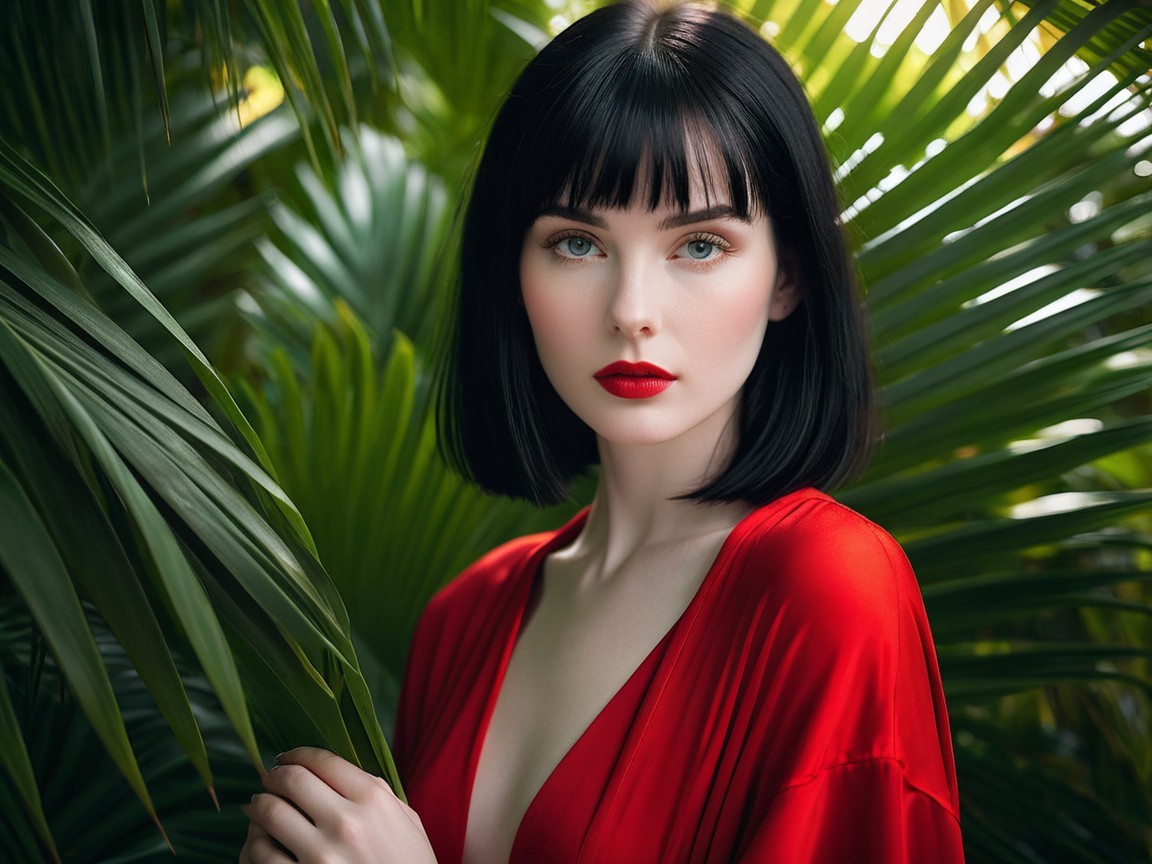Portrait of a woman with black hair and blue eyes