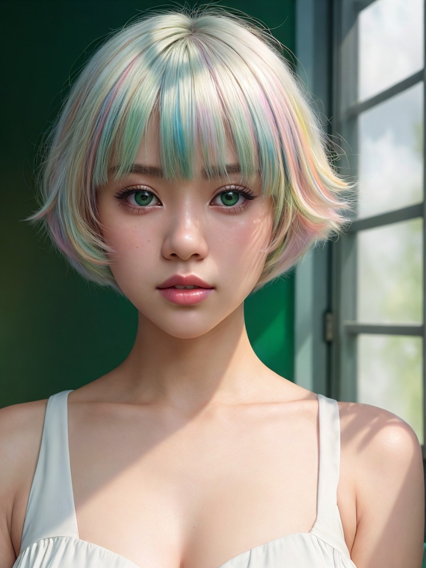 Pastel Bob Hairstyle and Youthful Features in Light Room
