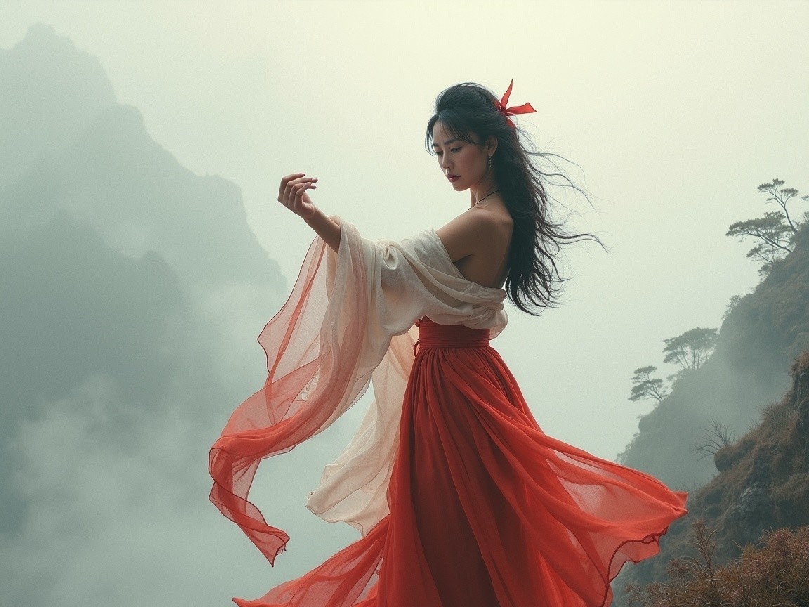 Graceful figure in flowing white and red on mountainside
