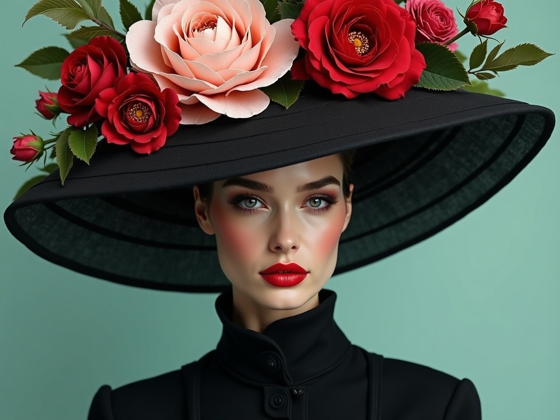 Model in Oversized Black Hat with Vibrant Roses