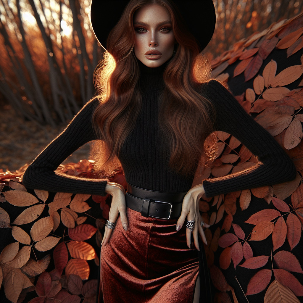 Model in Autumn Leaves with Black Turtleneck and Skirt