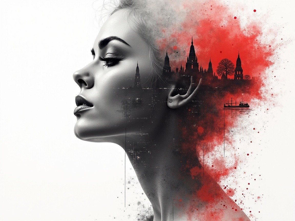 Profile of a Woman Merging with a Cityscape