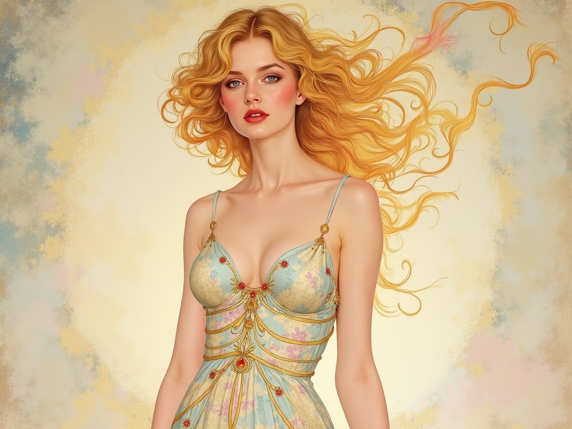 Illustration of a Young Woman in Elegant Blue Dress