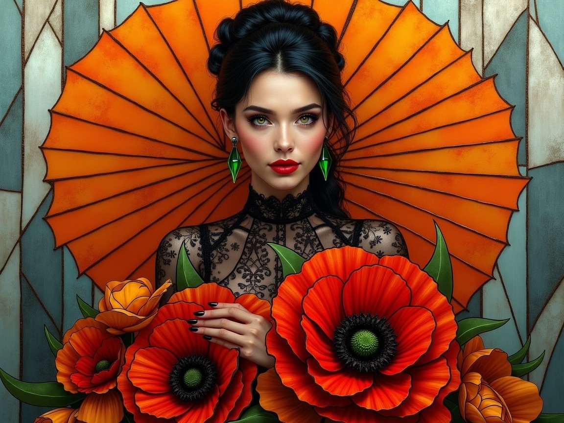 Elegant Woman in Black Lace with Orange Poppies