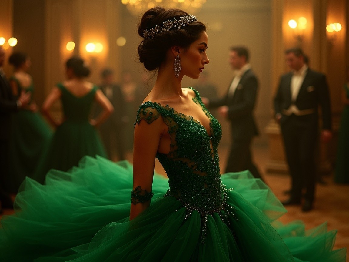 Elegant Woman in Emerald Gown at Lavish Ballroom