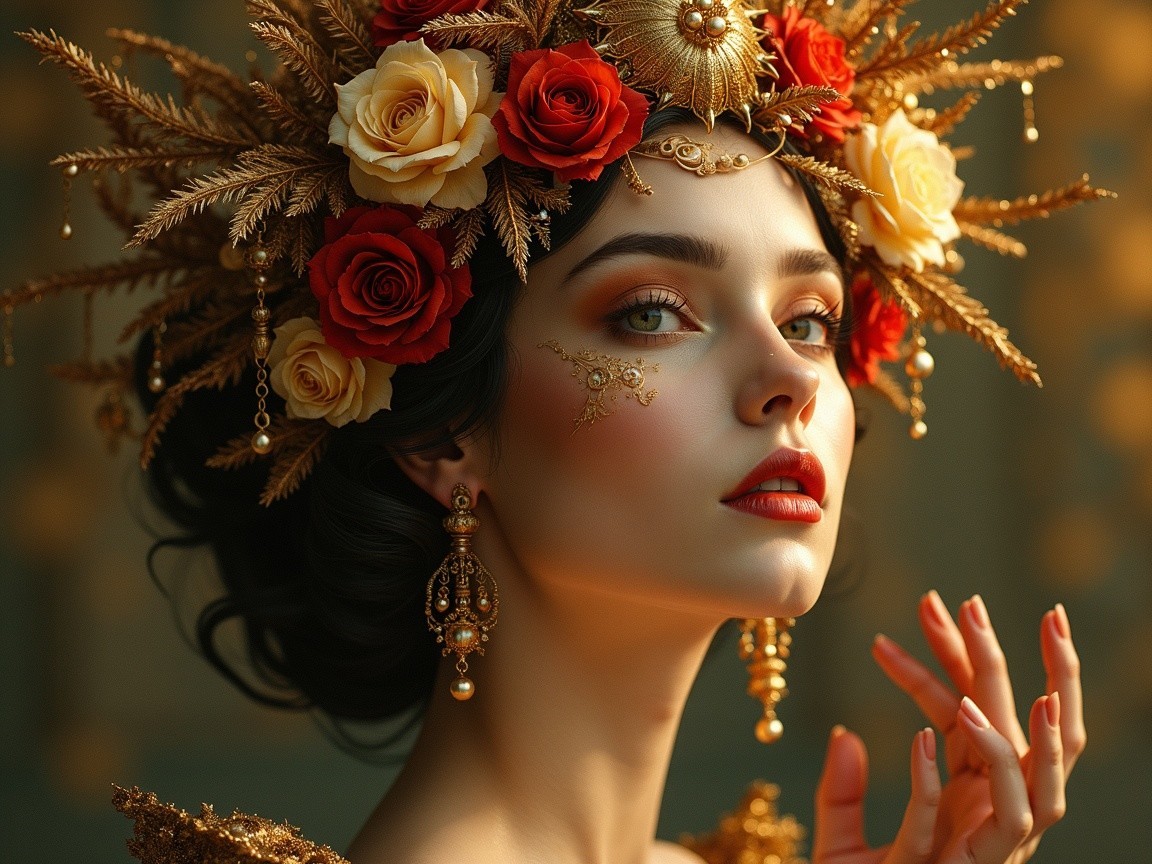 Close-Up Portrait of Woman with Golden Headpiece and Roses