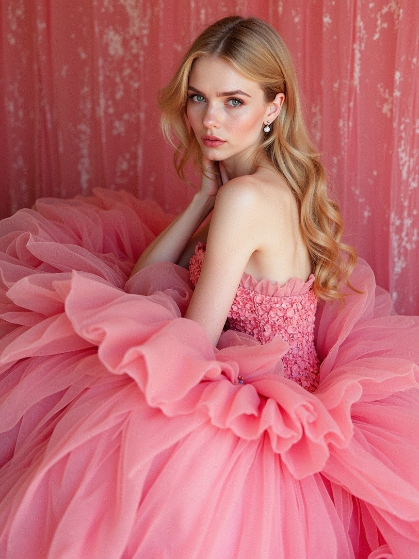 Lavish Pink Tulle Gown with Floral Embellishments