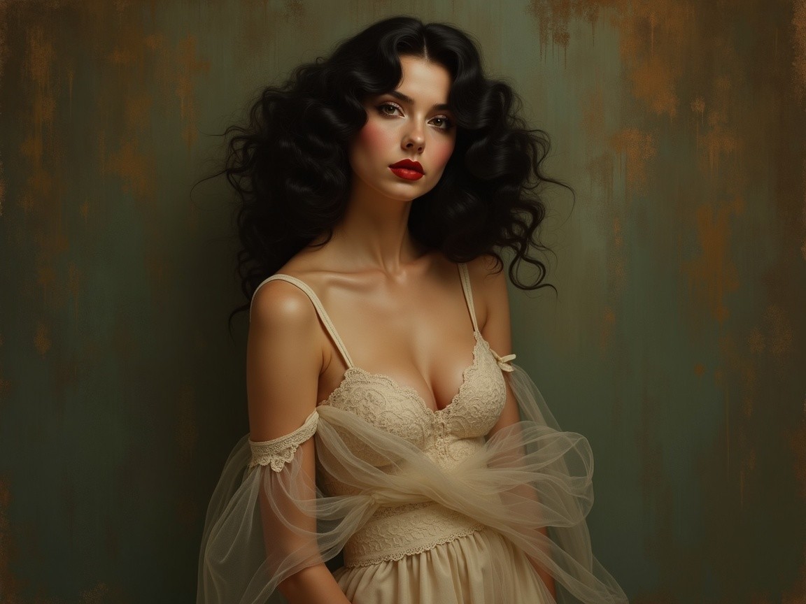 Elegant Woman in Lace Camisole with Dark Wavy Hair