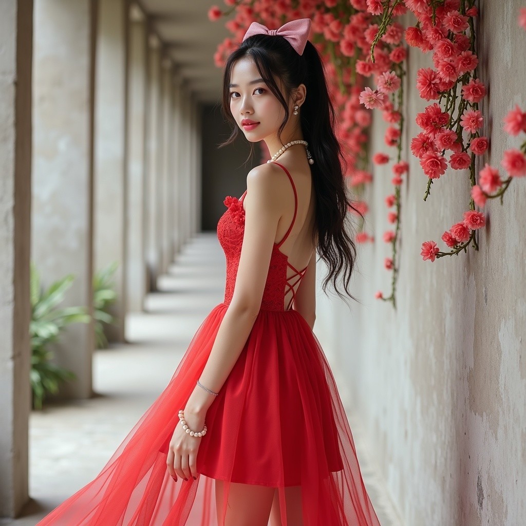 Young woman in red dress amid floral decor