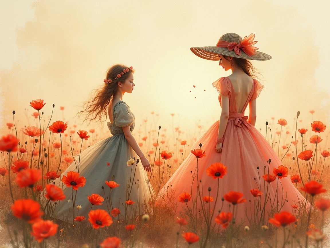 Girls in Coral and Blue Dresses in Poppy Field at Dusk