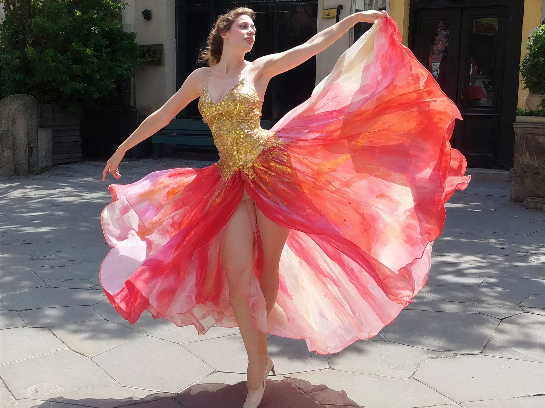 Graceful Woman in Vibrant Sequined Outfit on Patio
