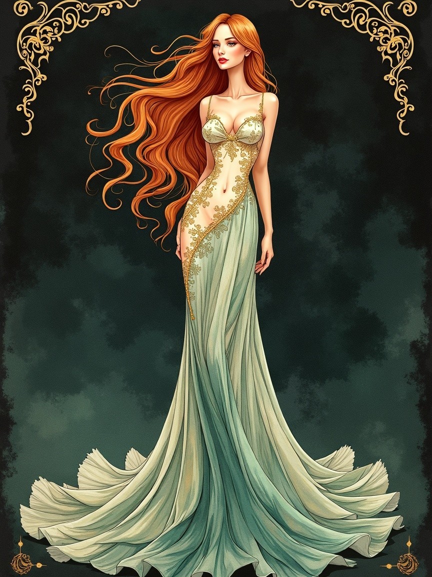 Elegant Woman in Flowing Red Hair and Green Gown