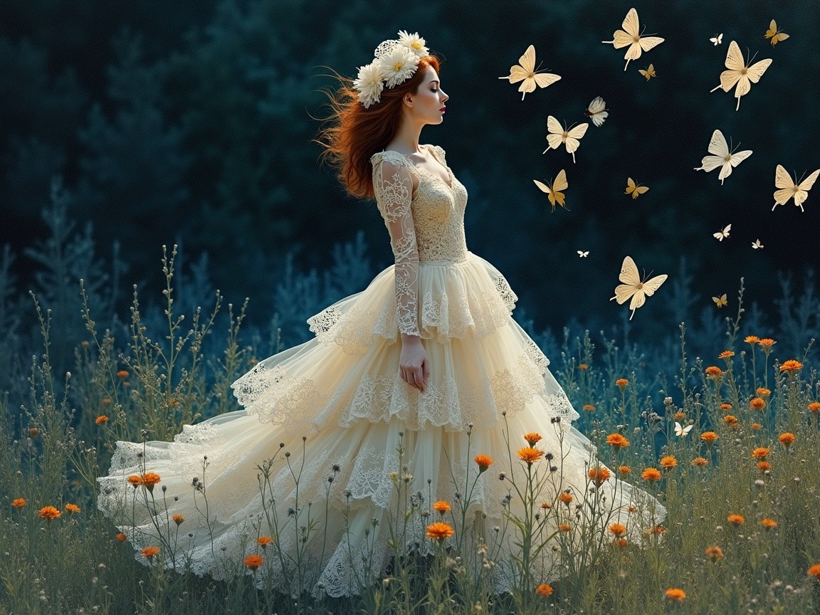 Young Woman in Lace Gown Surrounded by Butterflies