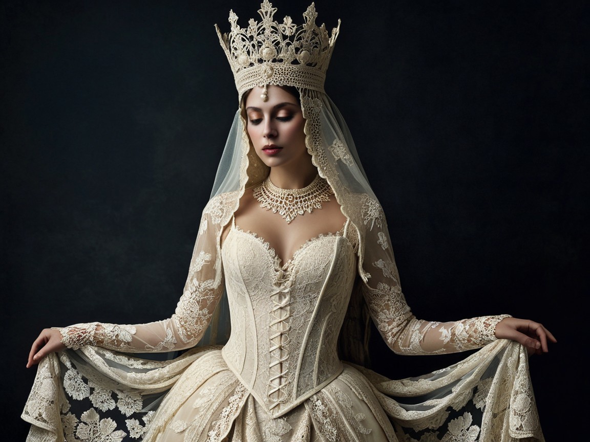 Regal figure in an elaborate gown and crown