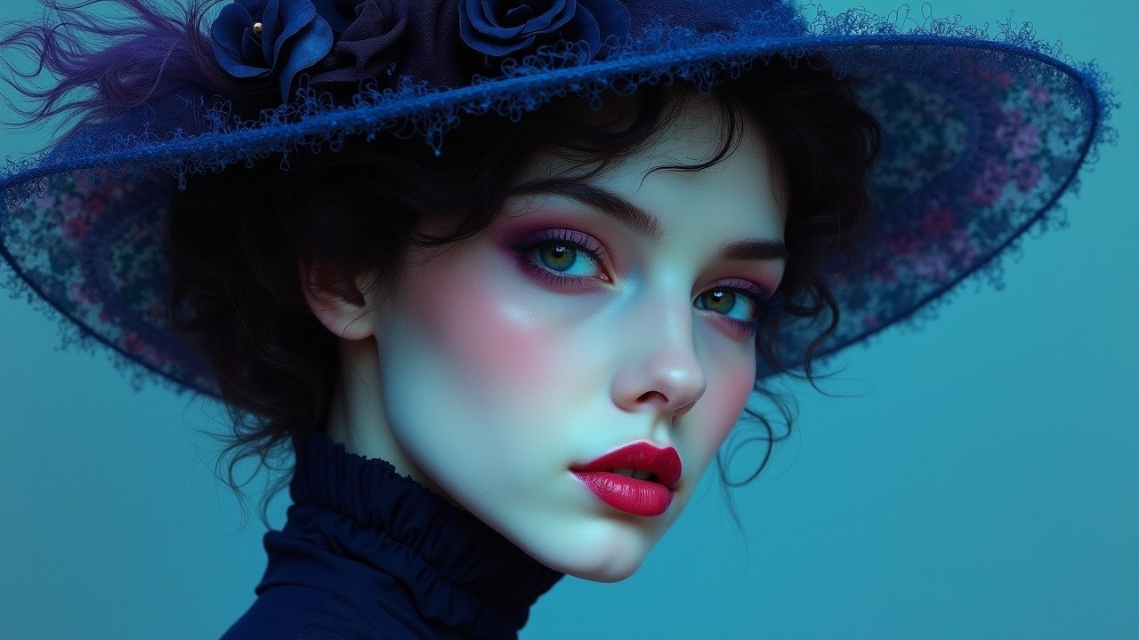 Young woman in wide-brimmed hat with green eyes