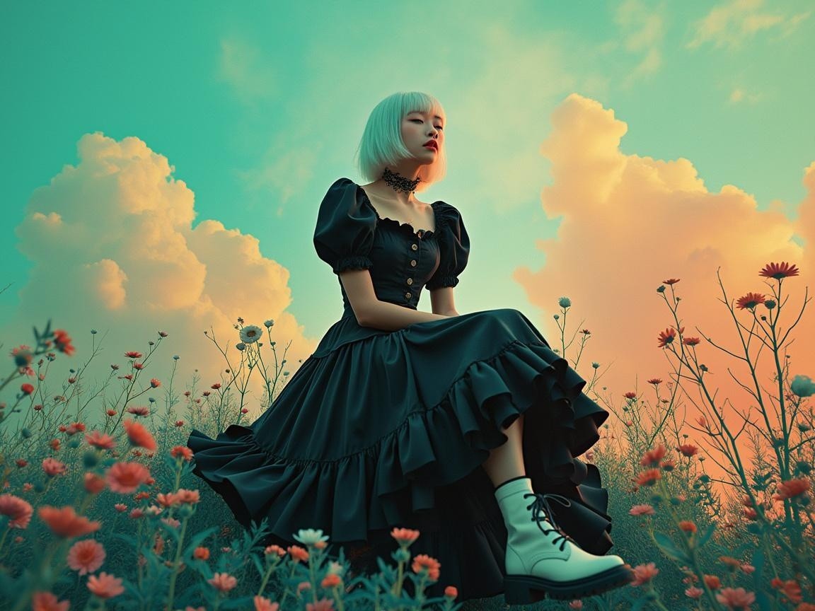 Girl in a dark dress amidst a colorful flower field