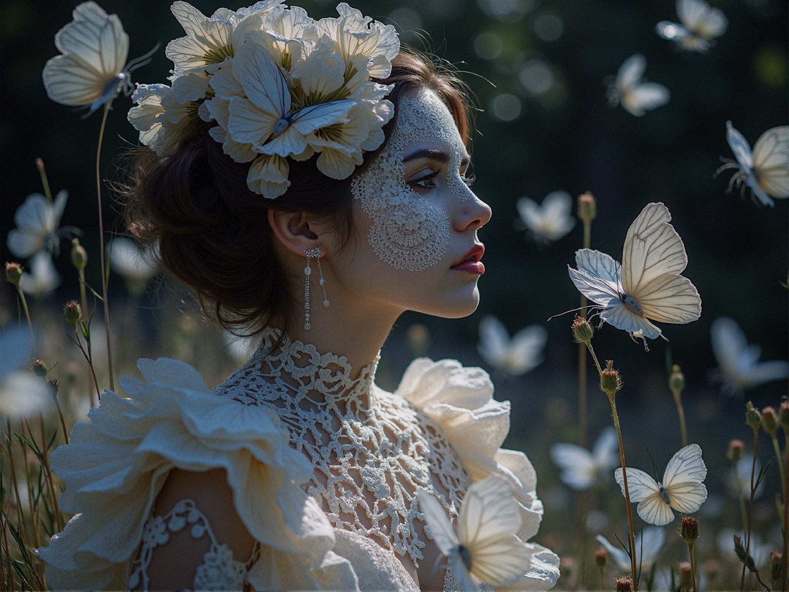 Young woman in lace with butterflies and face paint