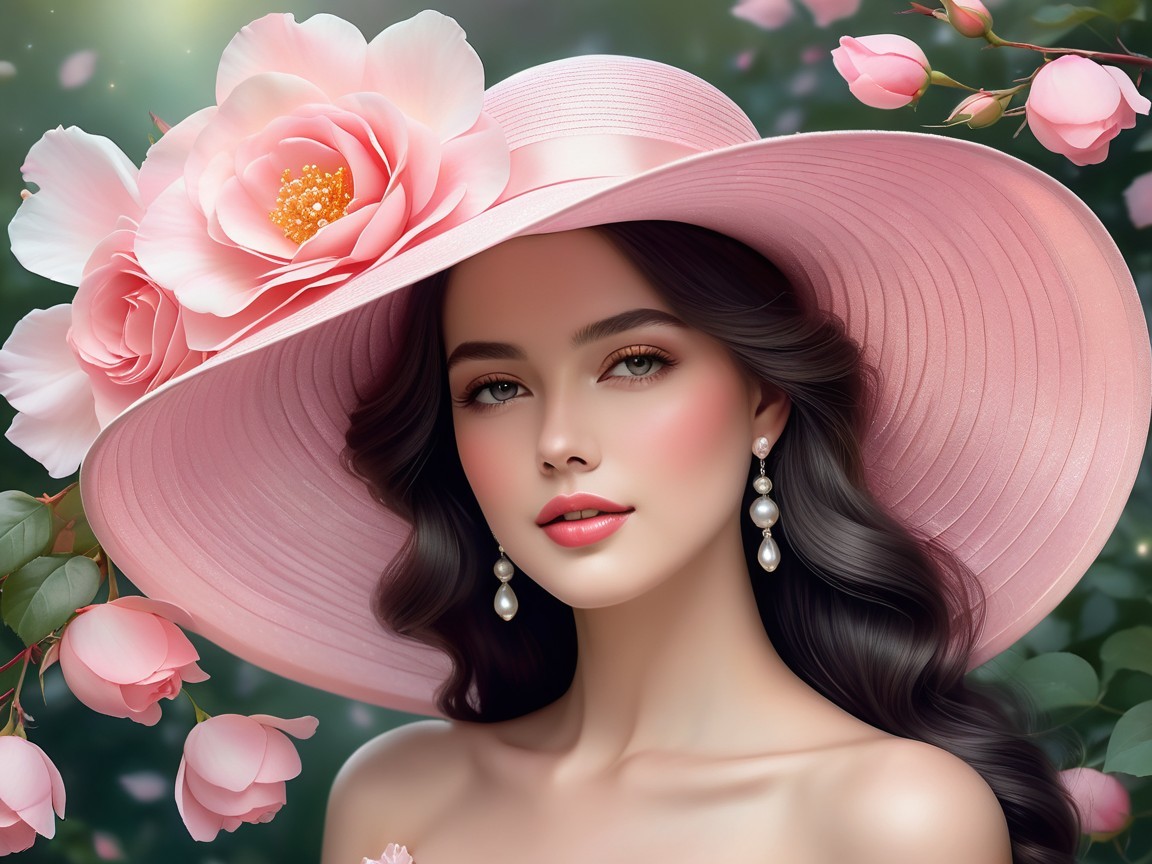 Young woman in elegant pink hat with floral details