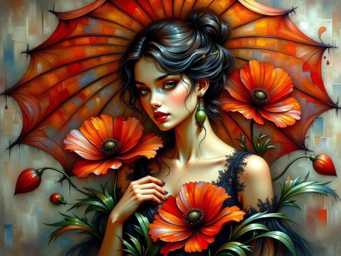 Portrait of a Woman with Orange Umbrella and Poppies