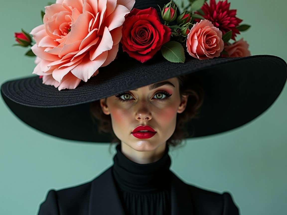 Portrait of a Woman in Black Hat with Roses