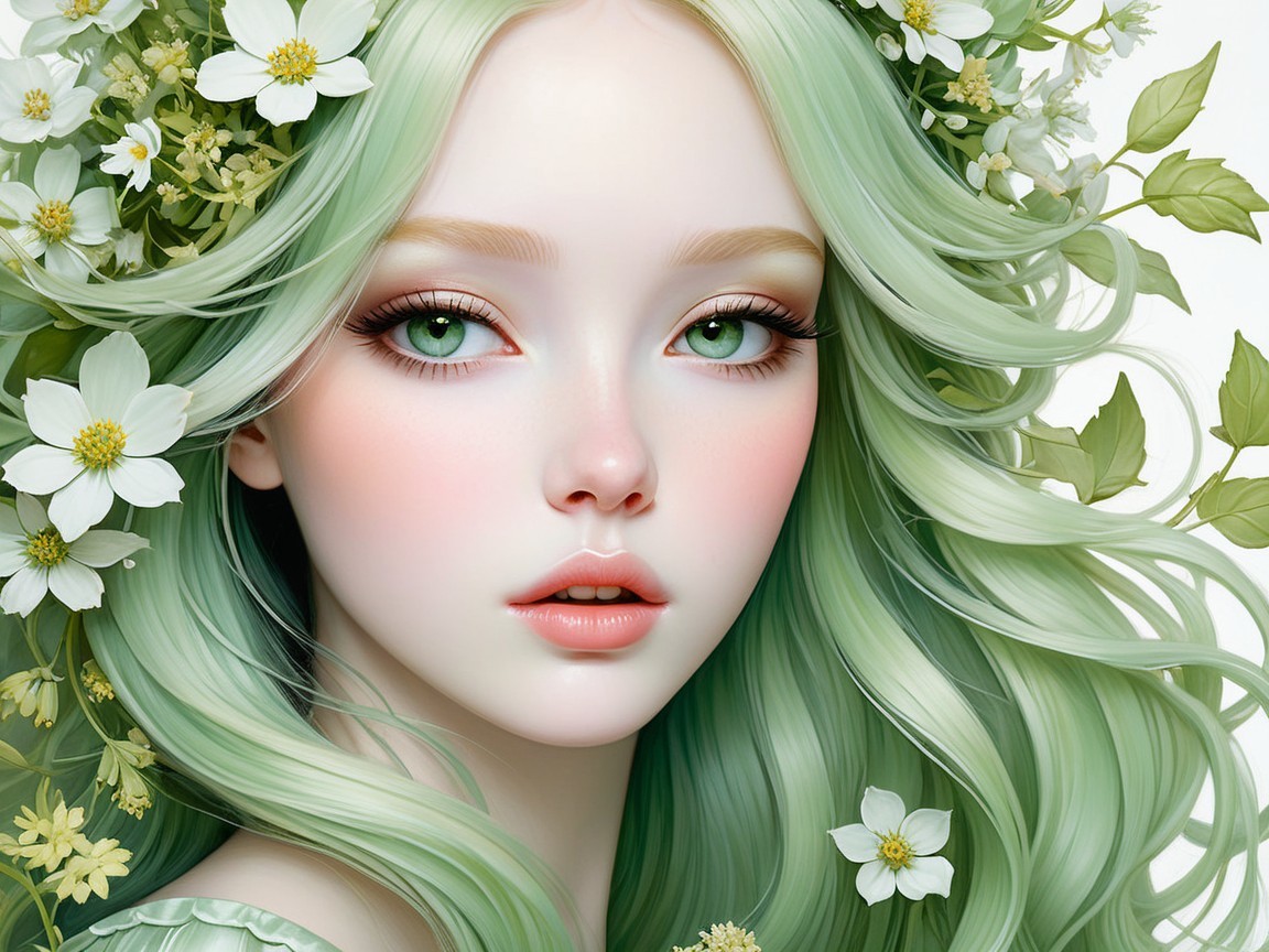 Portrait of a Young Woman with Mint-Green Hair