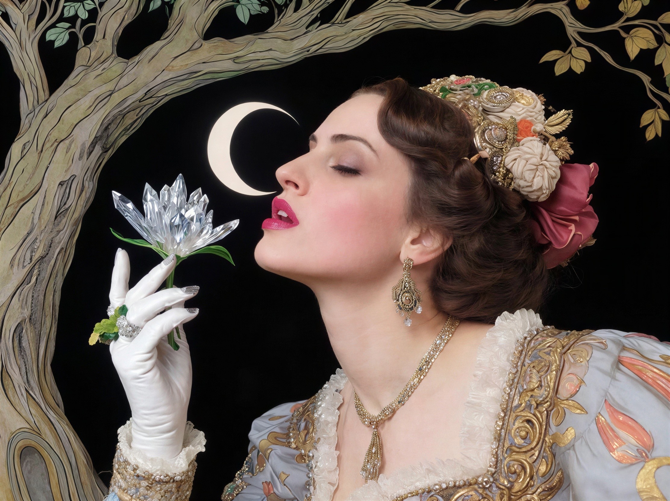 Profile of a Woman in Baroque Gown with Crystal Flower