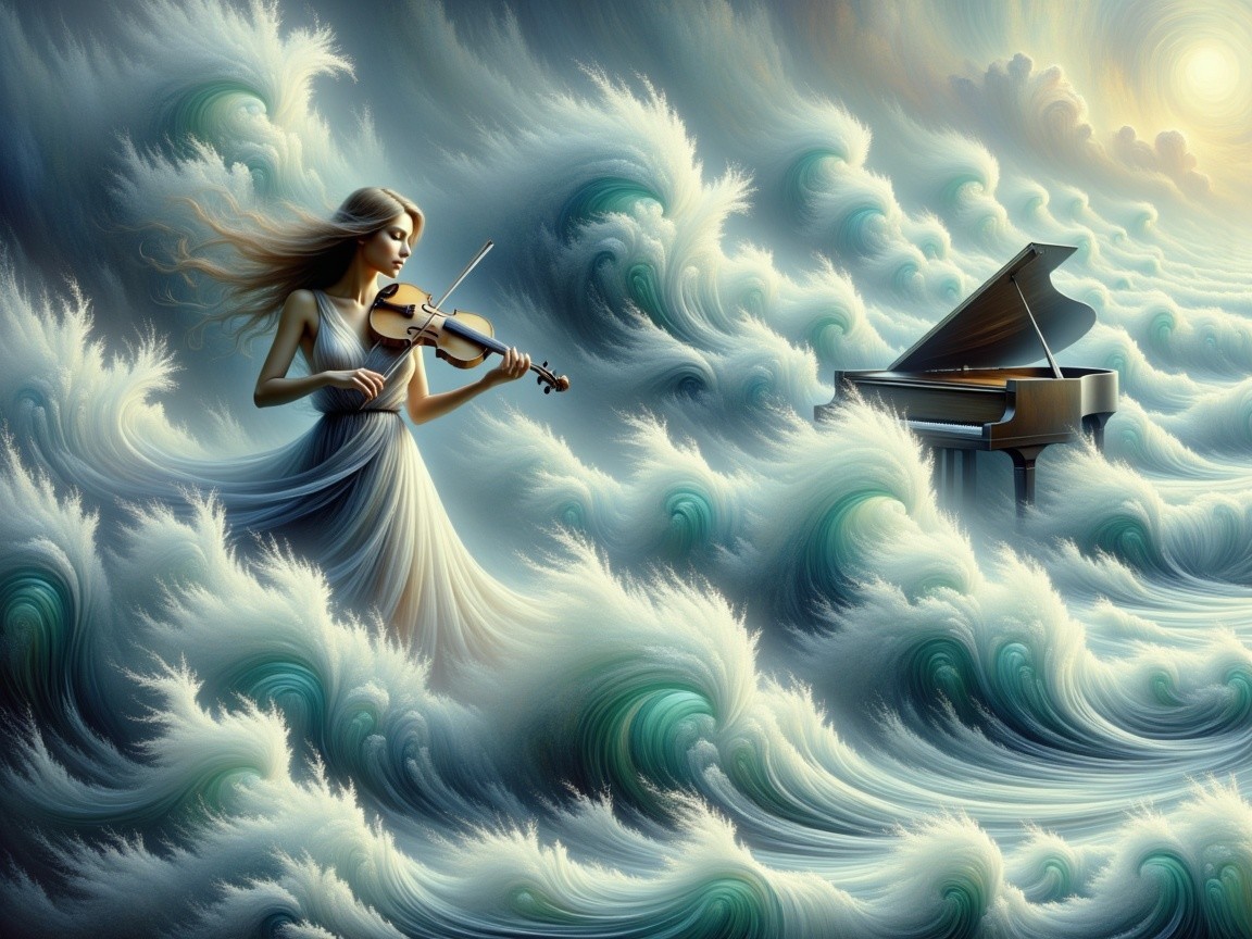 Woman Playing Violin by Ocean with Grand Piano