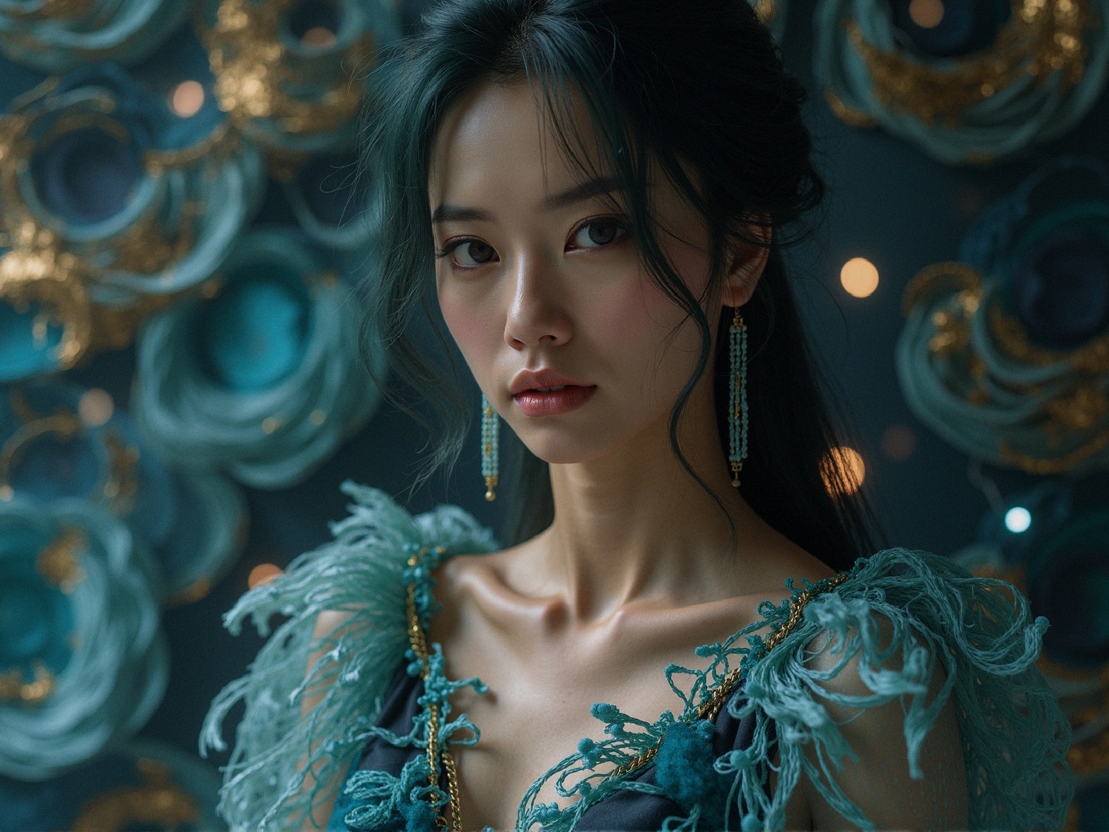 Young woman in elegant dress with floral backdrop