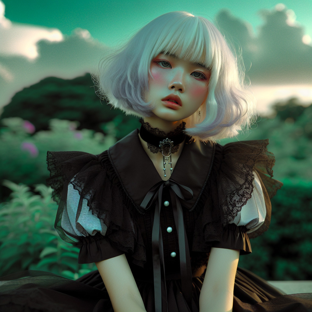 Young girl in black dress with pink hair in nature