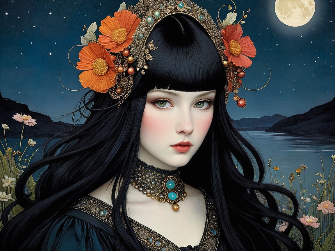 Portrait of a Young Woman with Flowers and Moonlight