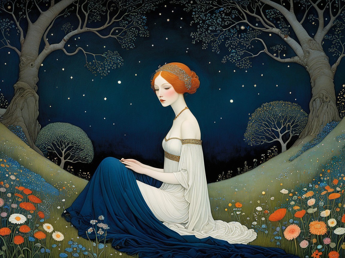 Serene Figure in Enchanted Night Landscape