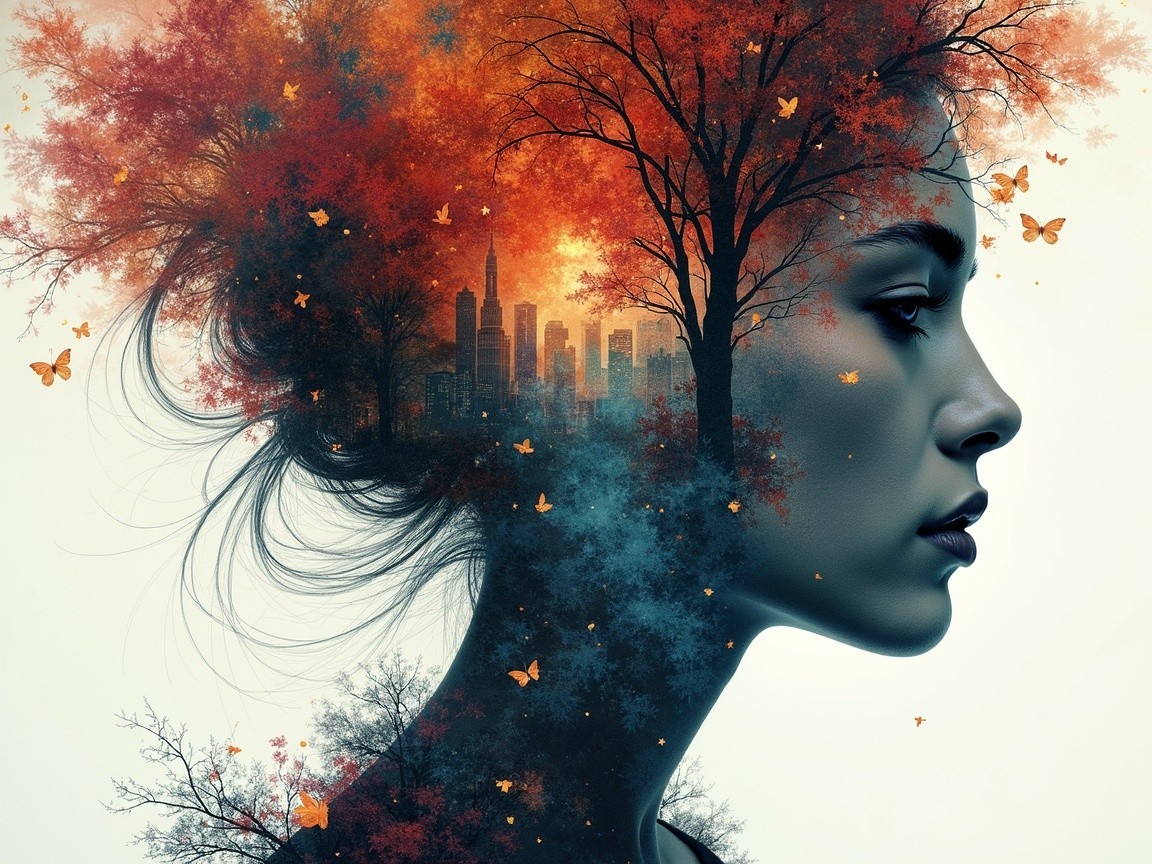 Profile of a woman with autumn trees and skyline