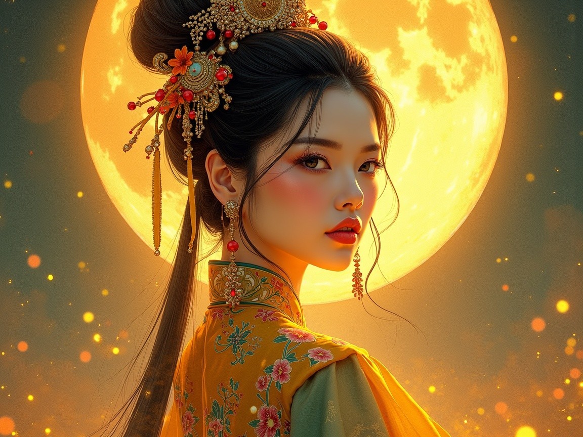 Young woman in traditional dress under full moonlight