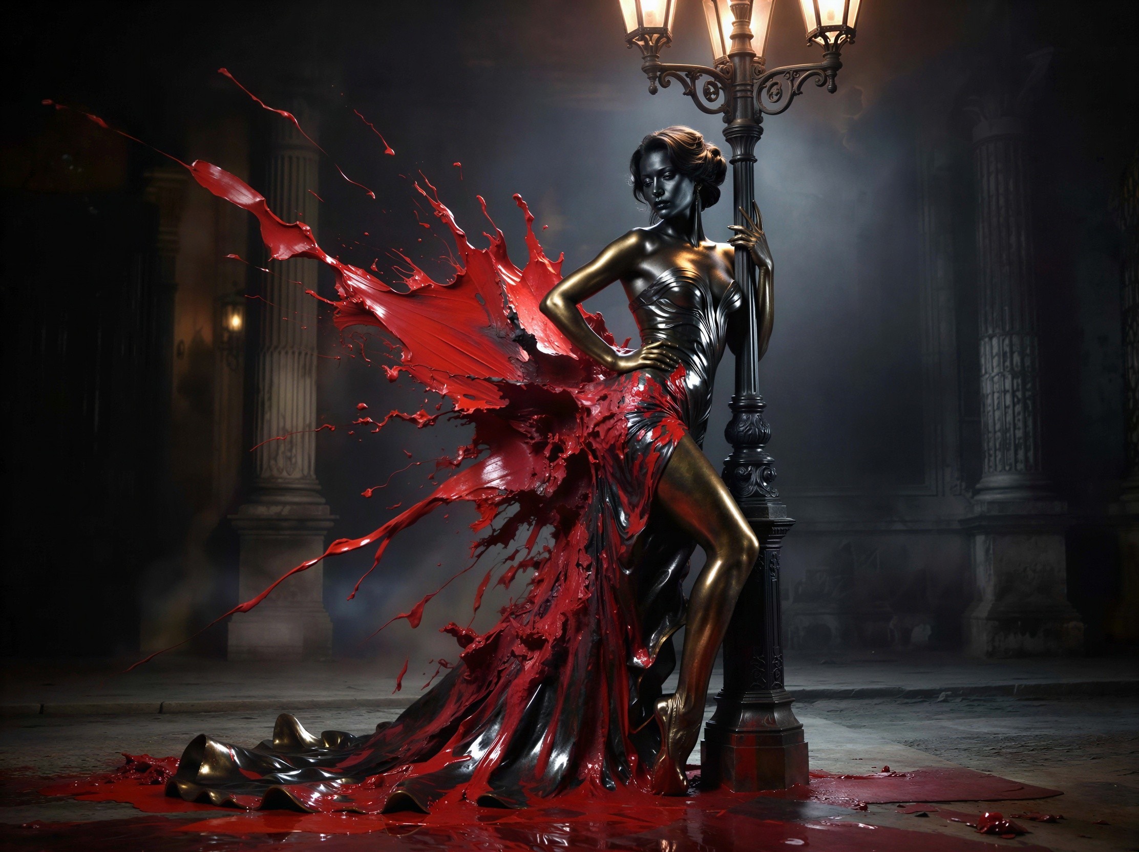 Gold and Black Mannequin with Red Liquid Gown and Lamp