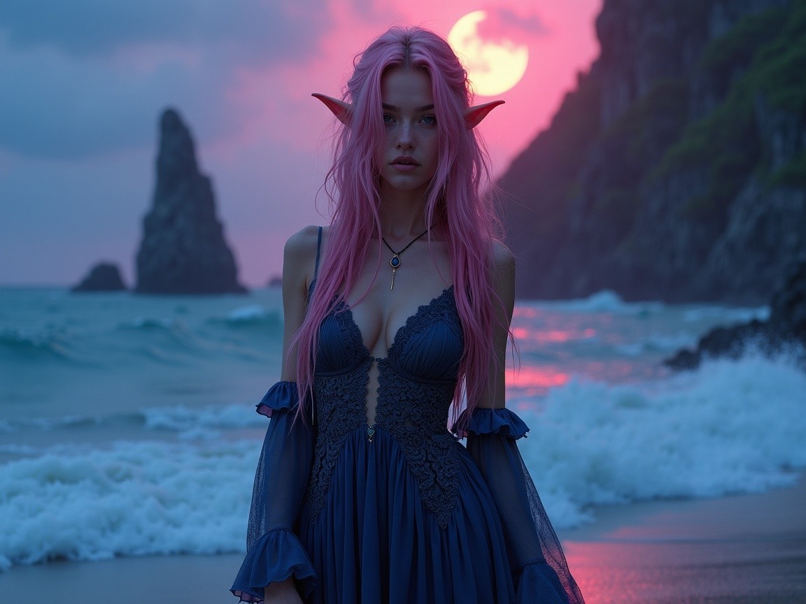 Enchanting Elf by Shoreline Under Pink Moonlight