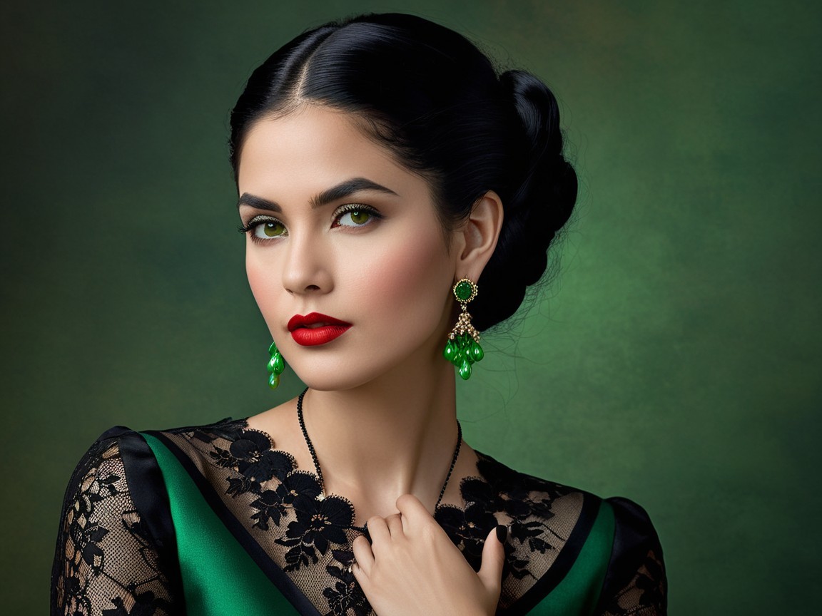 Elegant Portrait of Woman in Green Dress and Bun