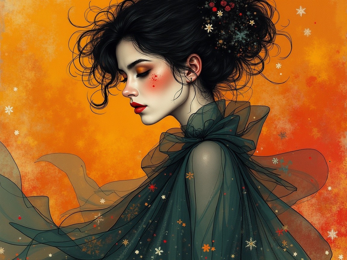 Profile of a woman in a floral-adorned gown