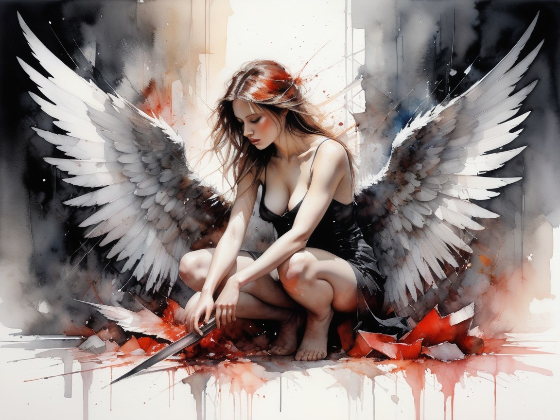Watercolor depiction of a female angel in distress