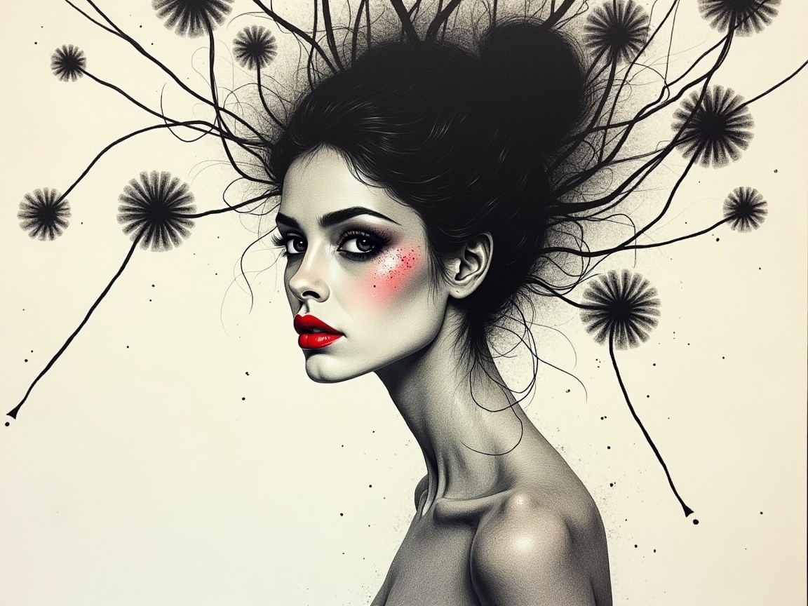 Profile of a Woman with Bold Red Lips and Intricate Hair