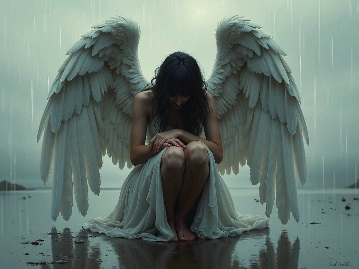 Solitary Figure with White Wings on Rainy Shoreline