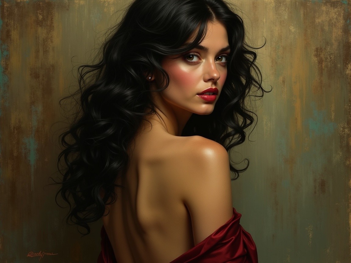 Elegant Woman with Long Black Hair in Red Fabric