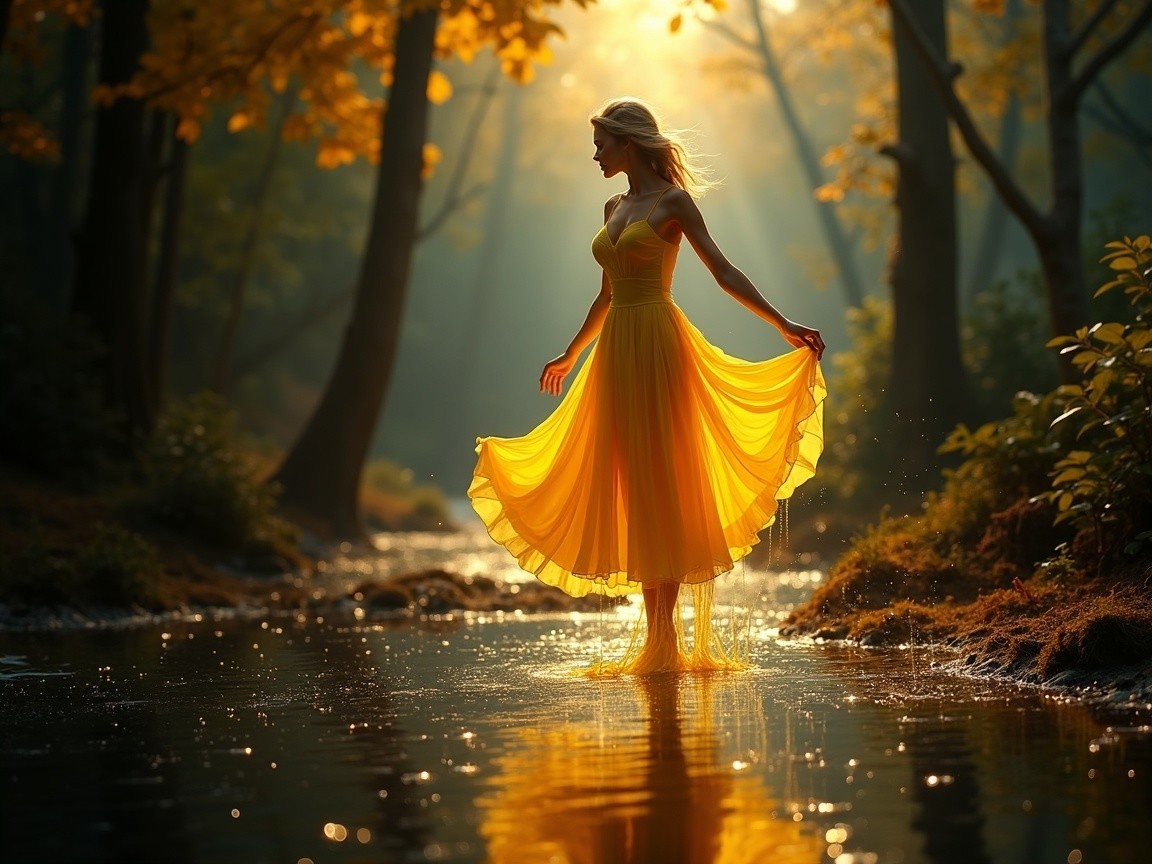 Graceful figure in yellow dress by serene forest stream