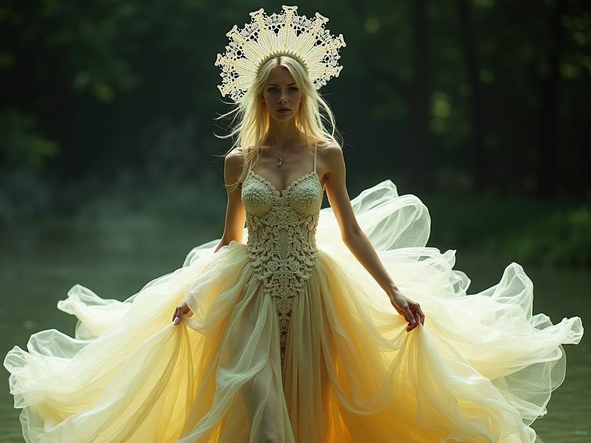 Woman in Yellow Gown by Misty Lake with Crown Headpiece
