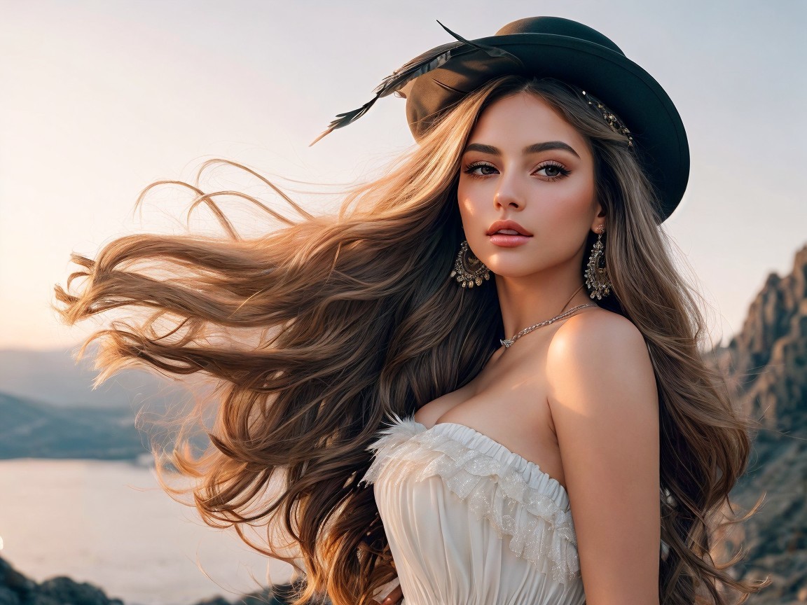 Young Woman in White Dress Against Scenic Backdrop