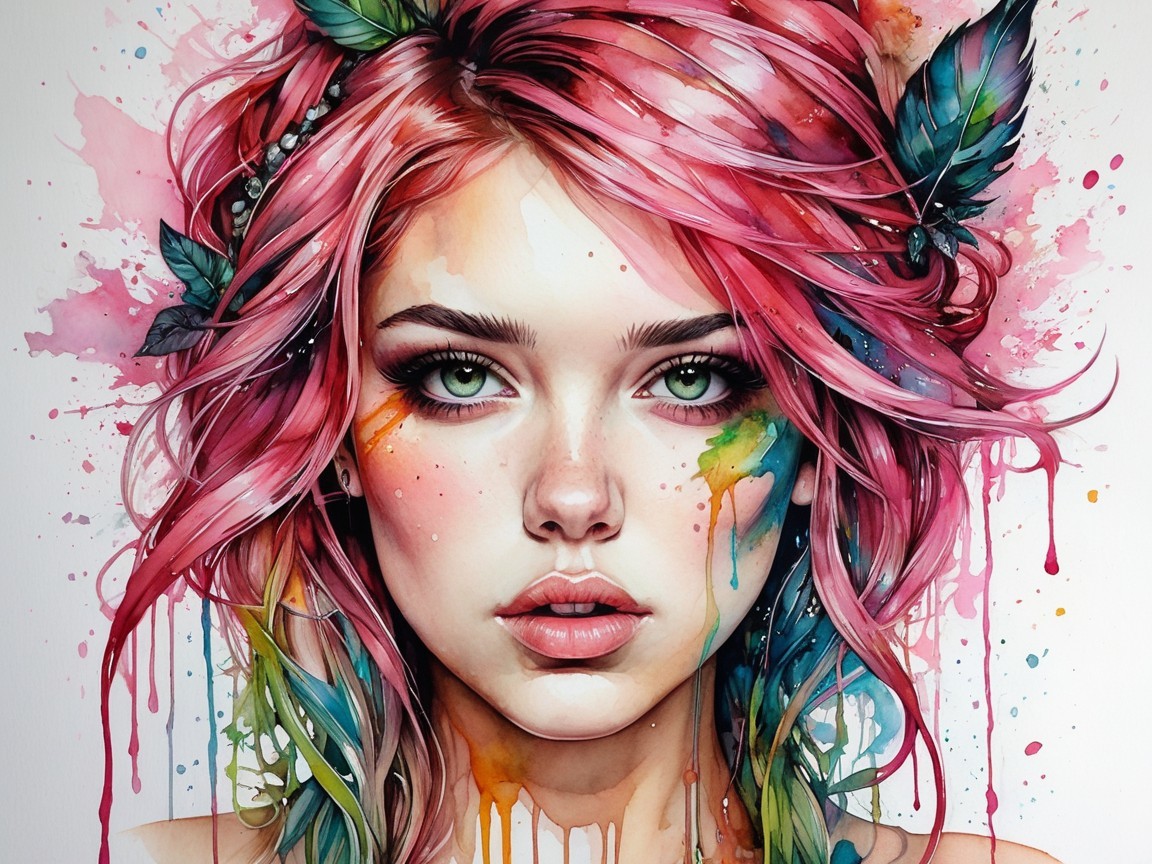 Portrait of a Young Woman with Pink Hair and Nature Elements
